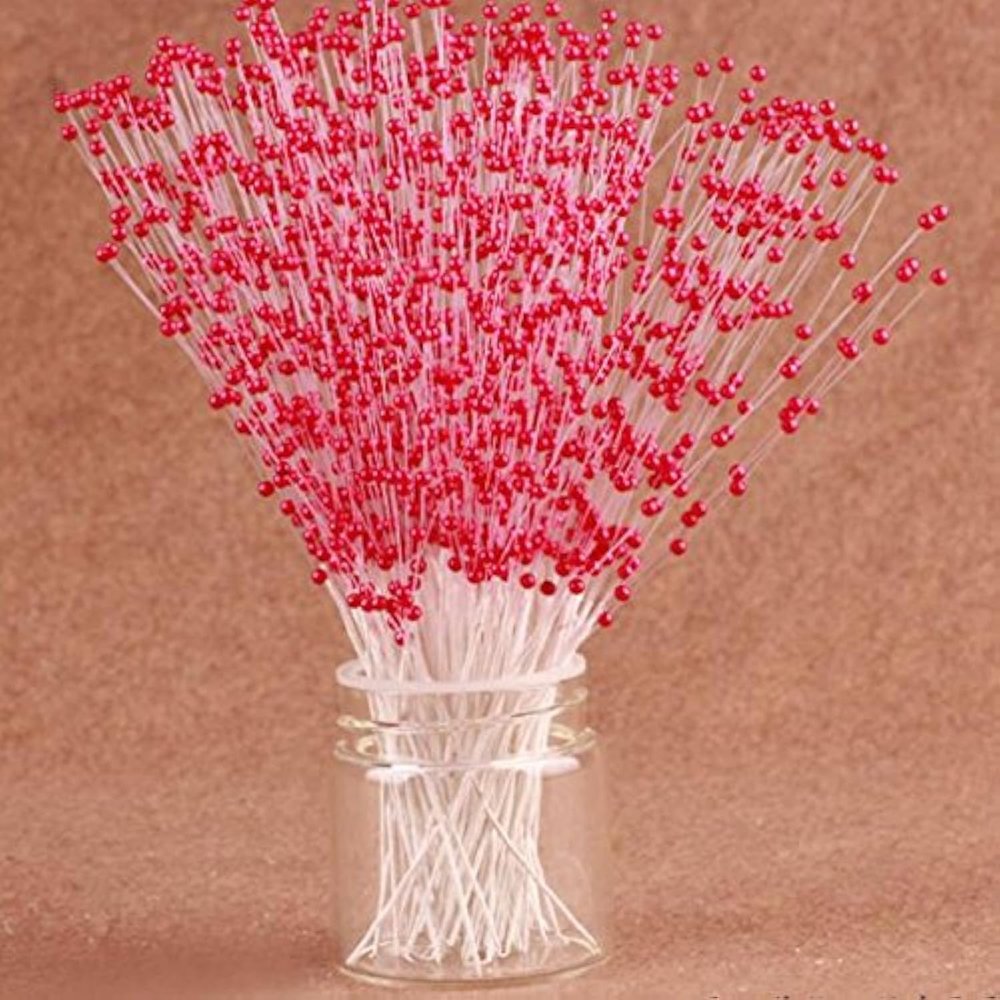 100 Stems Faux Pearl Spray Beads Wire Stems Wedding Bridal Flower Bouquet Party Table Decor (Red)