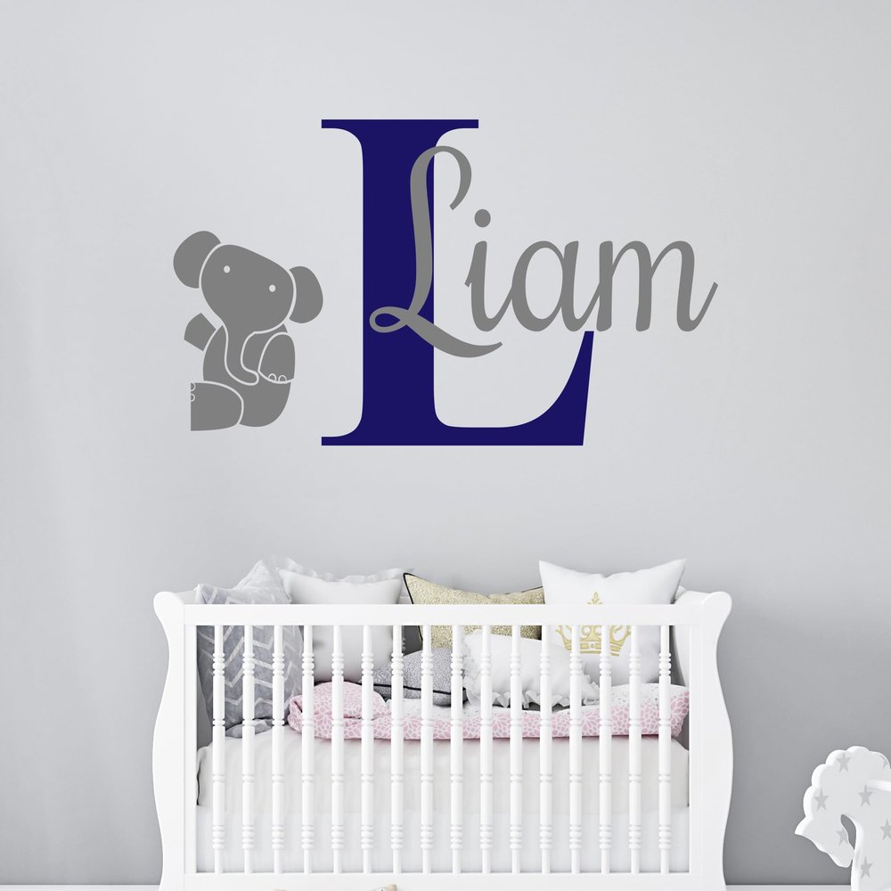 Elephant Custom Name and Initial - Nursery Elephant Custom Personalized Name Wall Decal - Nursery Elephant Wall Decals - Elephant Decor - Wall Decal for Nursery Decoration (Wide 50"x27" Height Inches)