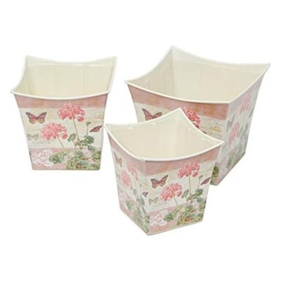 Factory Direct Craft Pink Geranium Floral Print Design Tin Square Planter Set | Set of 3