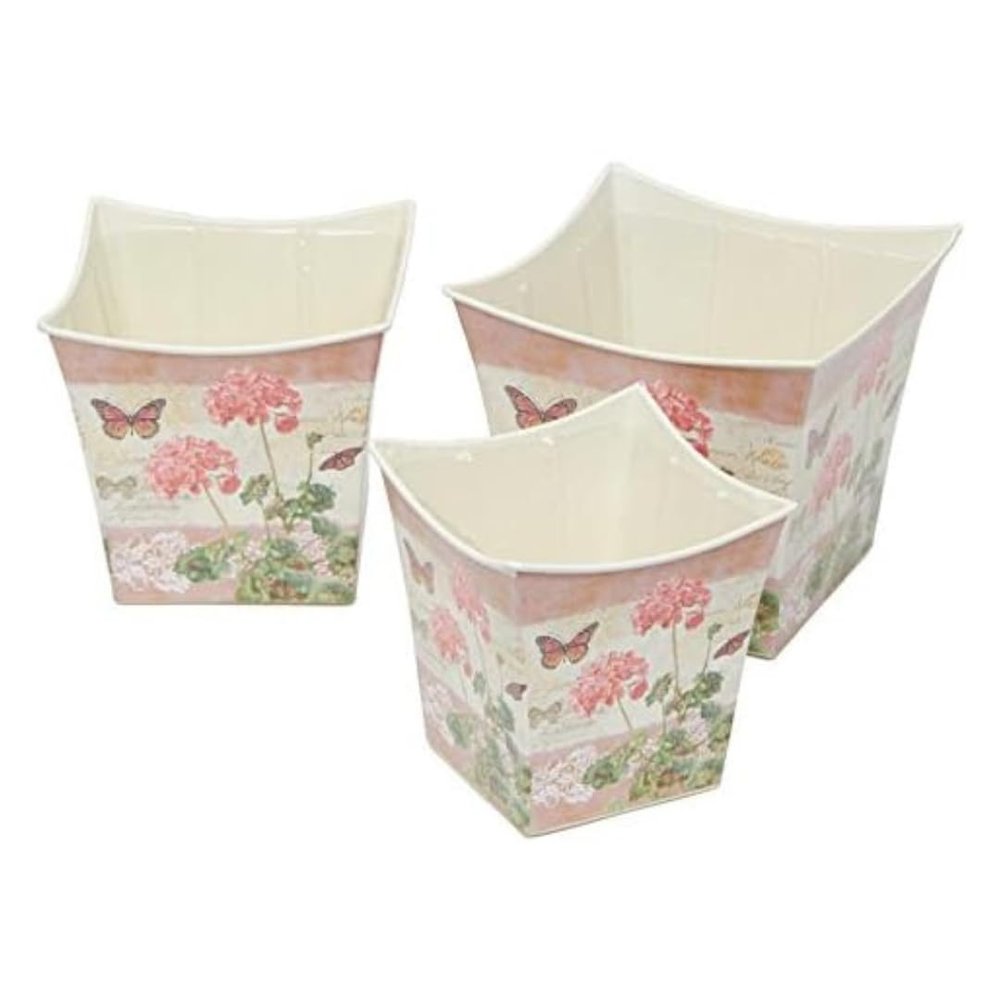 Factory Direct Craft Pink Geranium Floral Print Design Tin Square Planter Set | Set of 3