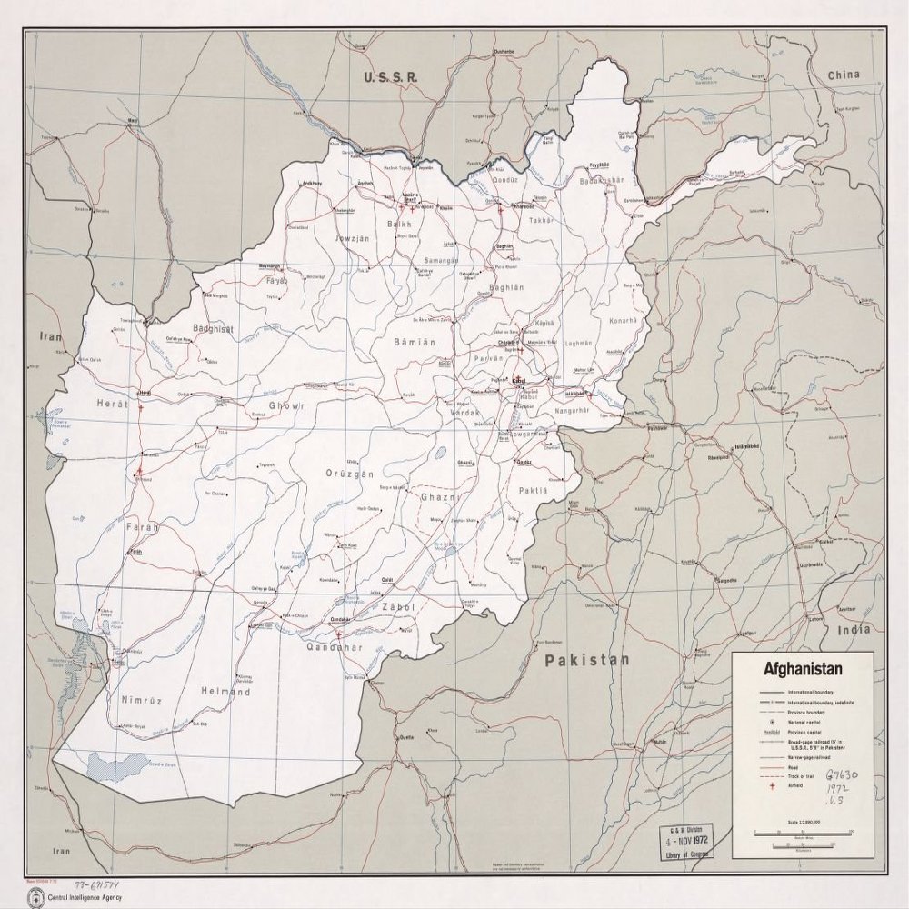 18" x 24" 1972 Map Of Afghanistan Roads Airfields