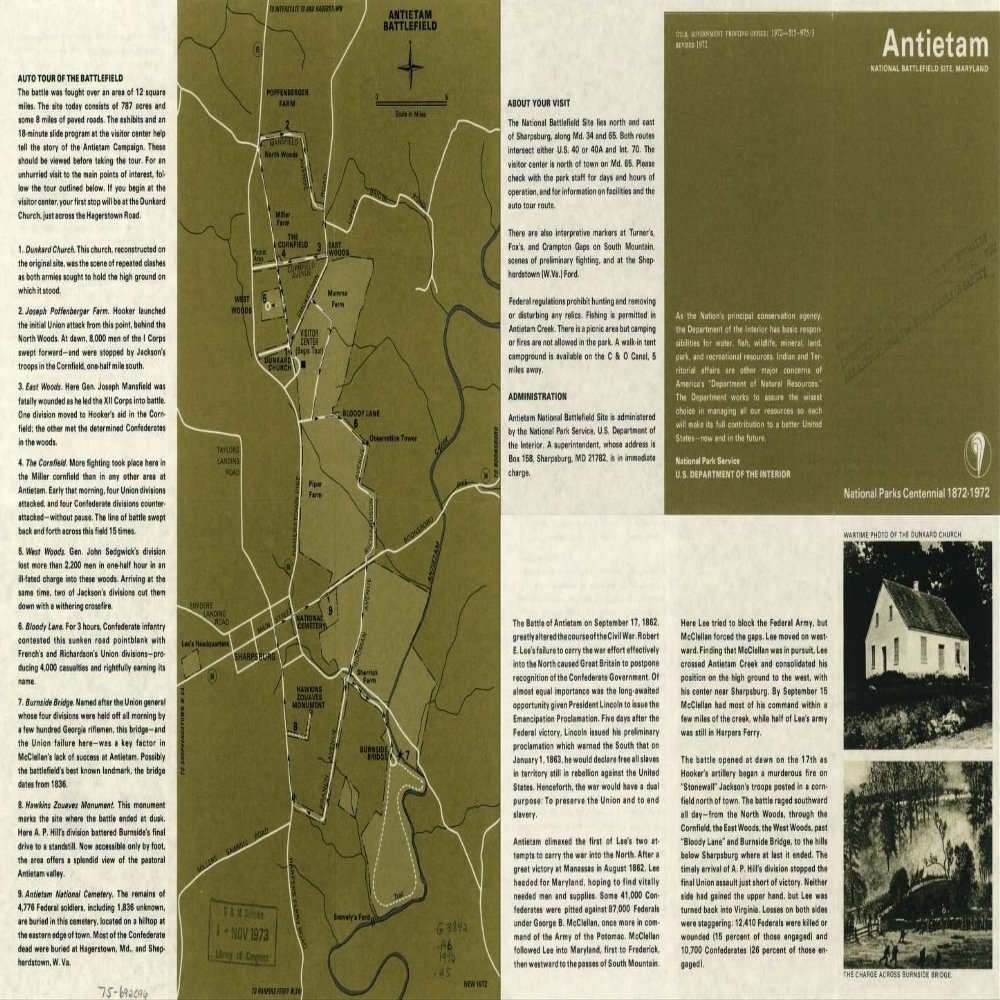 14" x 24" 1972 Map Of Antietam National Battlefield Maryland