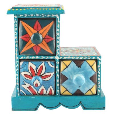 Indian Shelf 1 Piece Vocalforlocal Handmade Multicolor Wooden 3 Step Drawer Floral Pattern Spice Box Seasoning Masala Organizer Rack Jewellery Container