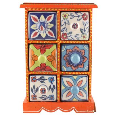 Indian Shelf 1 Piece Vocalforlocal Handmade Multicolor Wooden 6 Drawer Floral Pattern Spice Box Seasoning Masala Organizer Rack Jewellery Container