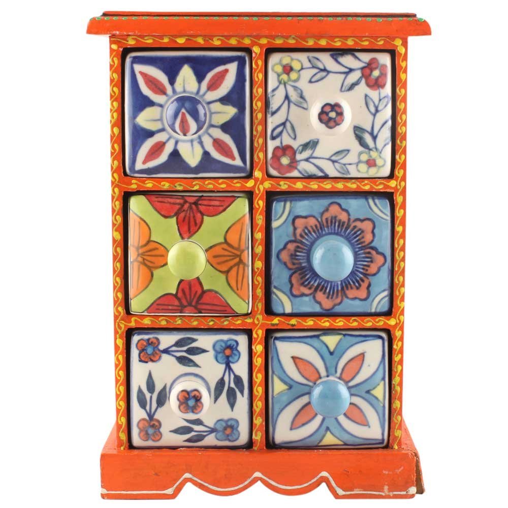 Indian Shelf 1 Piece Vocalforlocal Handmade Multicolor Wooden 6 Drawer Floral Pattern Spice Box Seasoning Masala Organizer Rack Jewellery Container