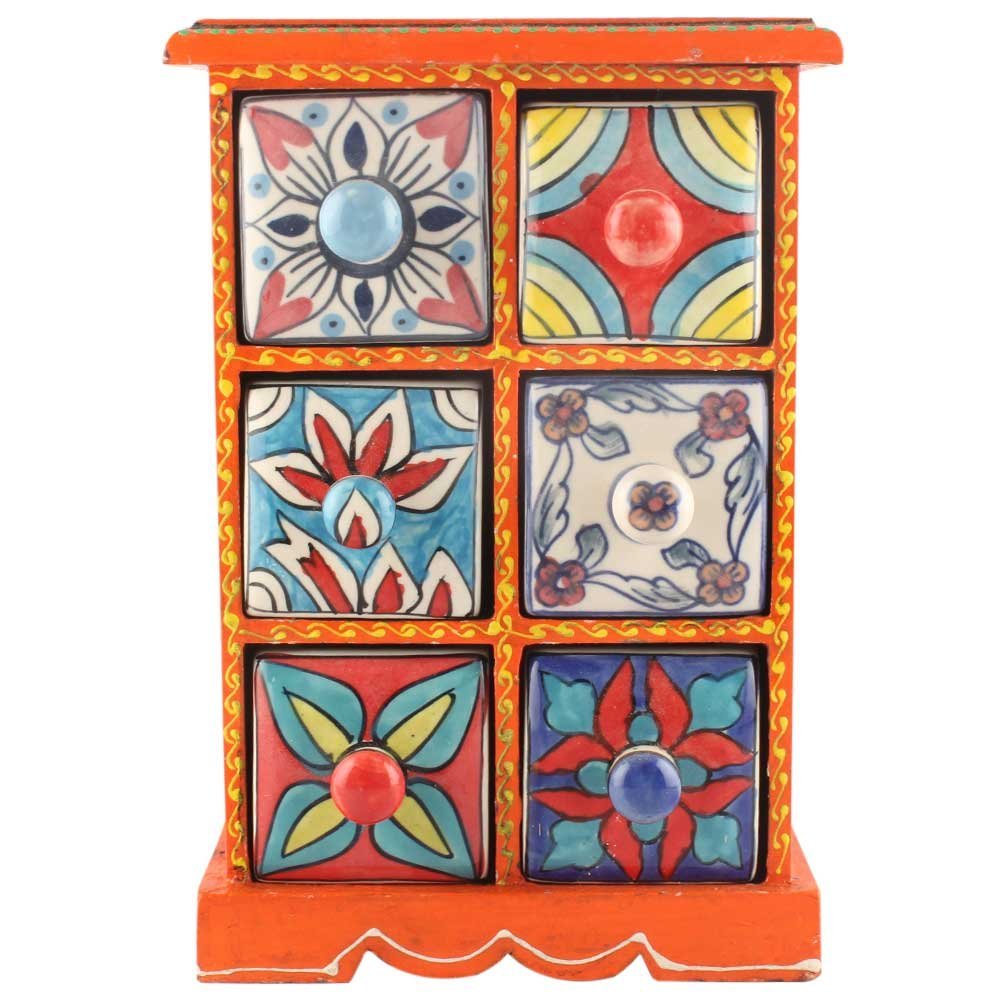 Indian Shelf 1 Piece Vocalforlocal Handmade Multicolor Wooden 6 Drawer Floral Pattern Spice Box Seasoning Masala Organizer Rack Jewellery Container