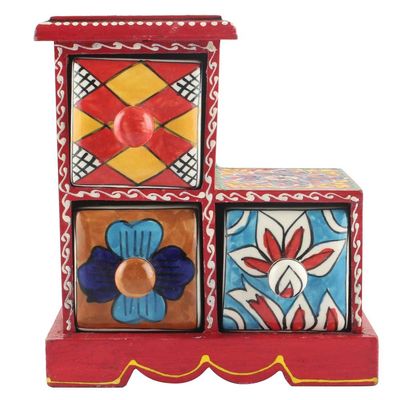 Indian Shelf 1 Piece Vocalforlocal Handmade Multicolor Wooden 3 Step Drawer Floral Pattern Spice Box Seasoning Masala Organizer Rack Jewellery Container