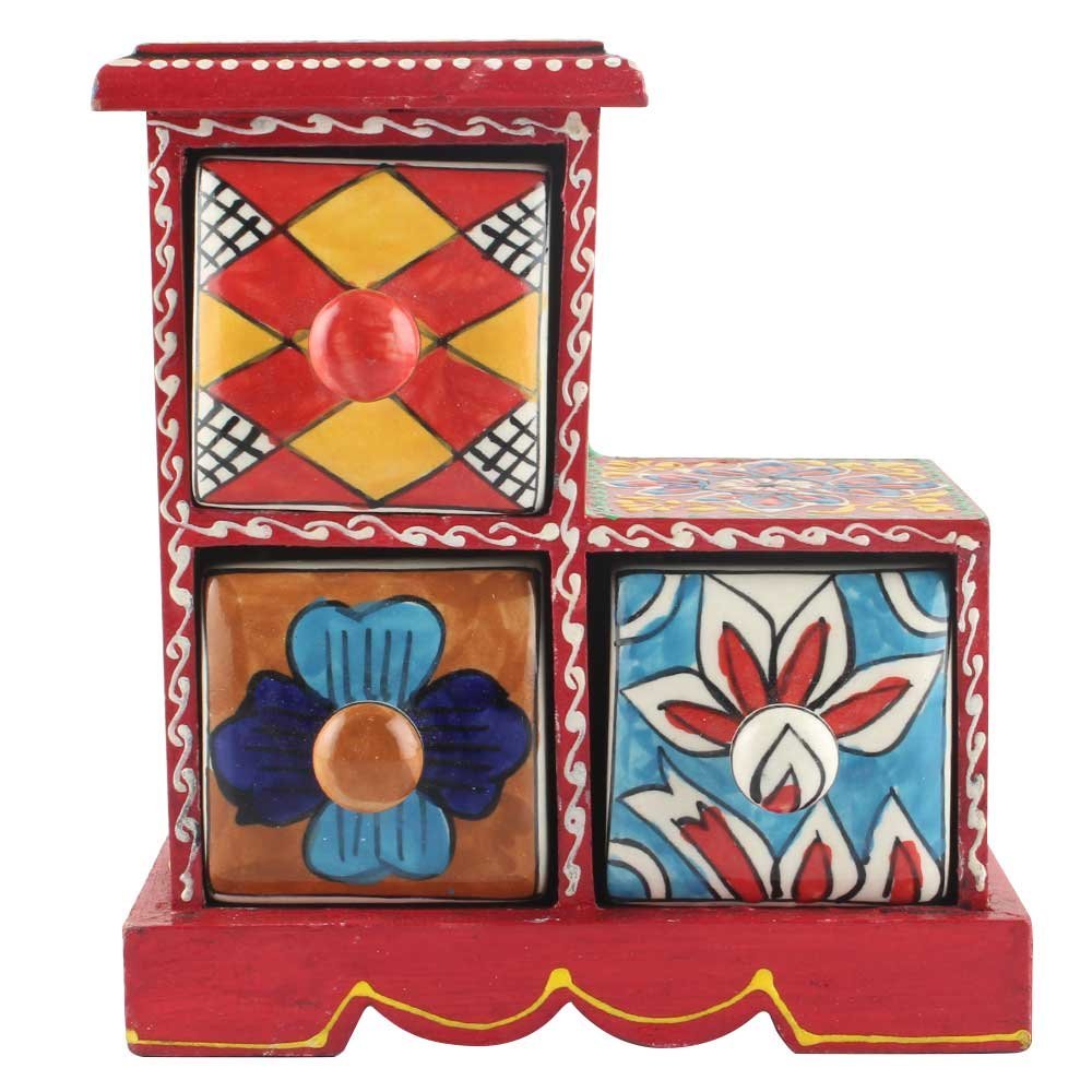 Indian Shelf 1 Piece Vocalforlocal Handmade Multicolor Wooden 3 Step Drawer Floral Pattern Spice Box Seasoning Masala Organizer Rack Jewellery Container