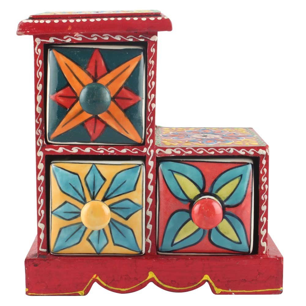 Indian Shelf 1 Piece Vocalforlocal Handmade Multicolor Wooden 3 Step Drawer Floral Pattern Spice Box Seasoning Masala Organizer Rack Jewellery Container
