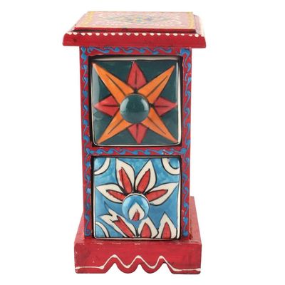 Indian Shelf 1 Piece Vocalforlocal Handmade Multicolor Wooden 2 Vertical Drawers Floral Pattern Spice Box Seasoning Masala Organizer Rack Jewellery Container