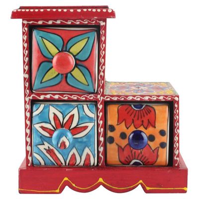 Indian Shelf 1 Piece Vocalforlocal Handmade Multicolor Wooden 3 Step Drawer Floral Pattern Spice Box Seasoning Masala Organizer Rack Jewellery Container