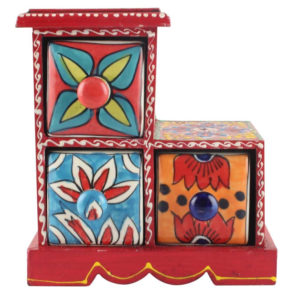 Indian Shelf 1 Piece Vocalforlocal Handmade Multicolor Wooden 3 Step Drawer Floral Pattern Spice Box Seasoning Masala Organizer Rack Jewellery Container