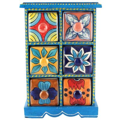 Indian Shelf 1 Piece Vocalforlocal Handmade Multicolor Wooden 6 Drawer Floral Pattern Spice Box Seasoning Masala Organizer Rack Jewellery Container
