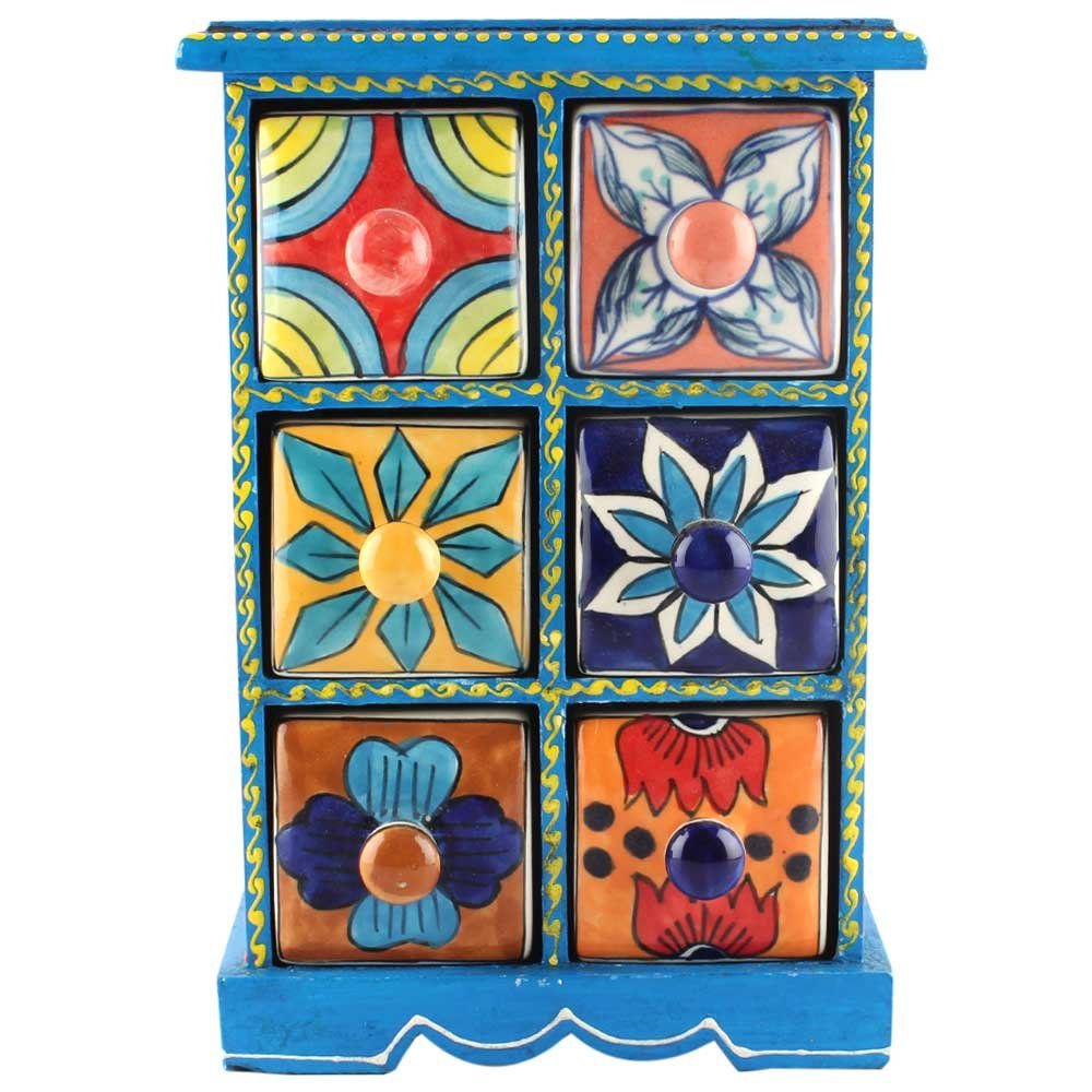 Indian Shelf 1 Piece Vocalforlocal Handmade Multicolor Wooden 6 Drawer Floral Pattern Spice Box Seasoning Masala Organizer Rack Jewellery Container