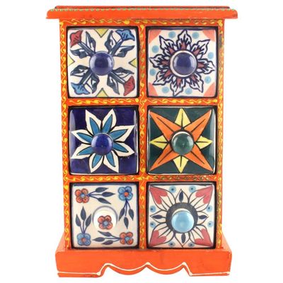 Indian Shelf 1 Piece Vocalforlocal Handmade Multicolor Wooden 6 Drawer Floral Pattern Spice Box Seasoning Masala Organizer Rack Jewellery Container