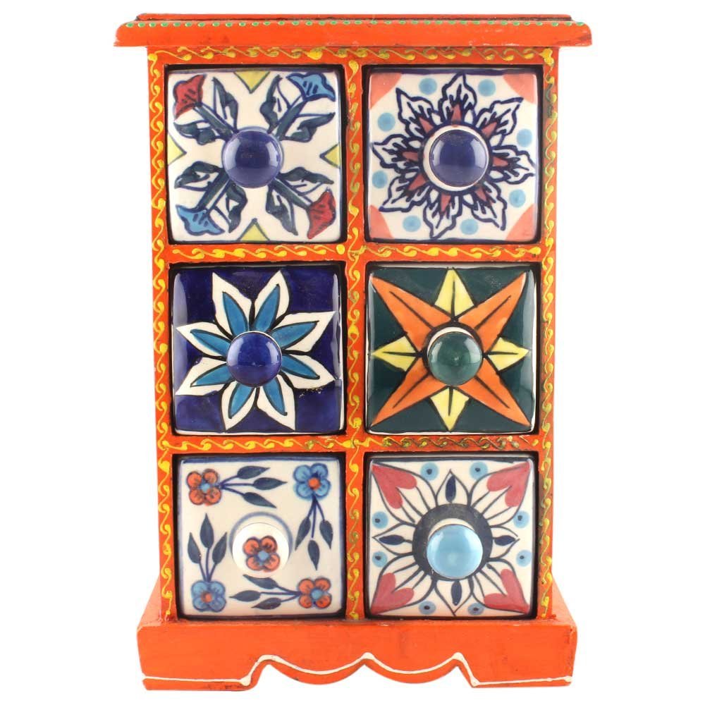 Indian Shelf 1 Piece Vocalforlocal Handmade Multicolor Wooden 6 Drawer Floral Pattern Spice Box Seasoning Masala Organizer Rack Jewellery Container