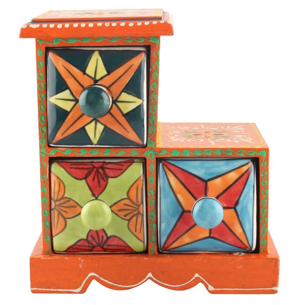 Indian Shelf 1 Piece Vocalforlocal Handmade Multicolor Wooden 3 Step Drawer Floral Pattern Spice Box Seasoning Masala Organizer Rack Jewellery Container