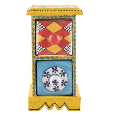 Indian Shelf 1 Piece Vocalforlocal Handmade Multicolor Wooden 2 Vertical Drawers Floral Pattern Spice Box Seasoning Masala Organizer Rack Jewellery Container
