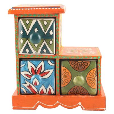 Indian Shelf 1 Piece Vocalforlocal Handmade Multicolor Wooden 3 Step Drawer Floral Pattern Spice Box Seasoning Masala Organizer Rack Jewellery Container