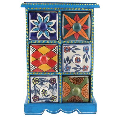 Indian Shelf 1 Piece Vocalforlocal Handmade Multicolor Wooden 6 Drawer Floral Pattern Spice Box Seasoning Masala Organizer Rack Jewellery Container
