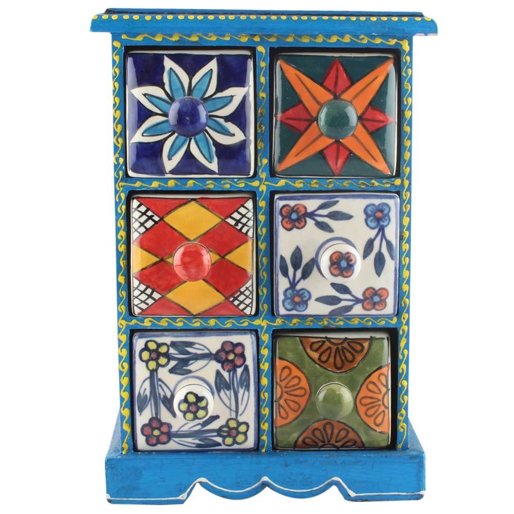 Indian Shelf 1 Piece Vocalforlocal Handmade Multicolor Wooden 6 Drawer Floral Pattern Spice Box Seasoning Masala Organizer Rack Jewellery Container