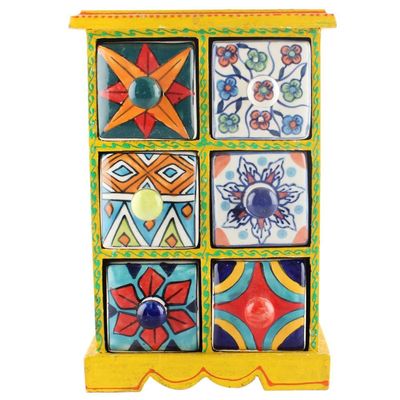 Indian Shelf 1 Piece Vocalforlocal Handmade Multicolor Wooden 6 Drawer Floral Pattern Spice Box Seasoning Masala Organizer Rack Jewellery Container