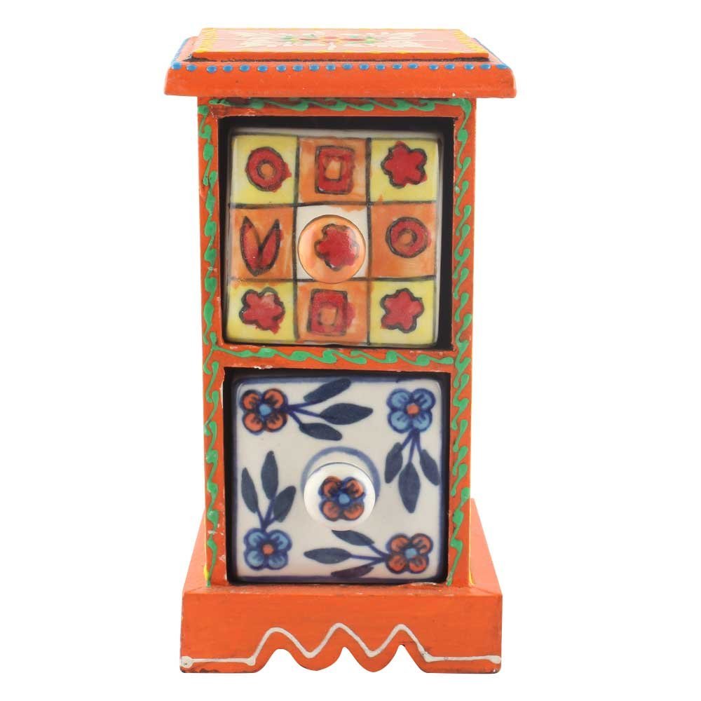Indian Shelf 1 Piece Vocalforlocal Handmade Multicolor Wooden 2 Vertical Drawers Floral Pattern Spice Box Seasoning Masala Organizer Rack Jewellery Container