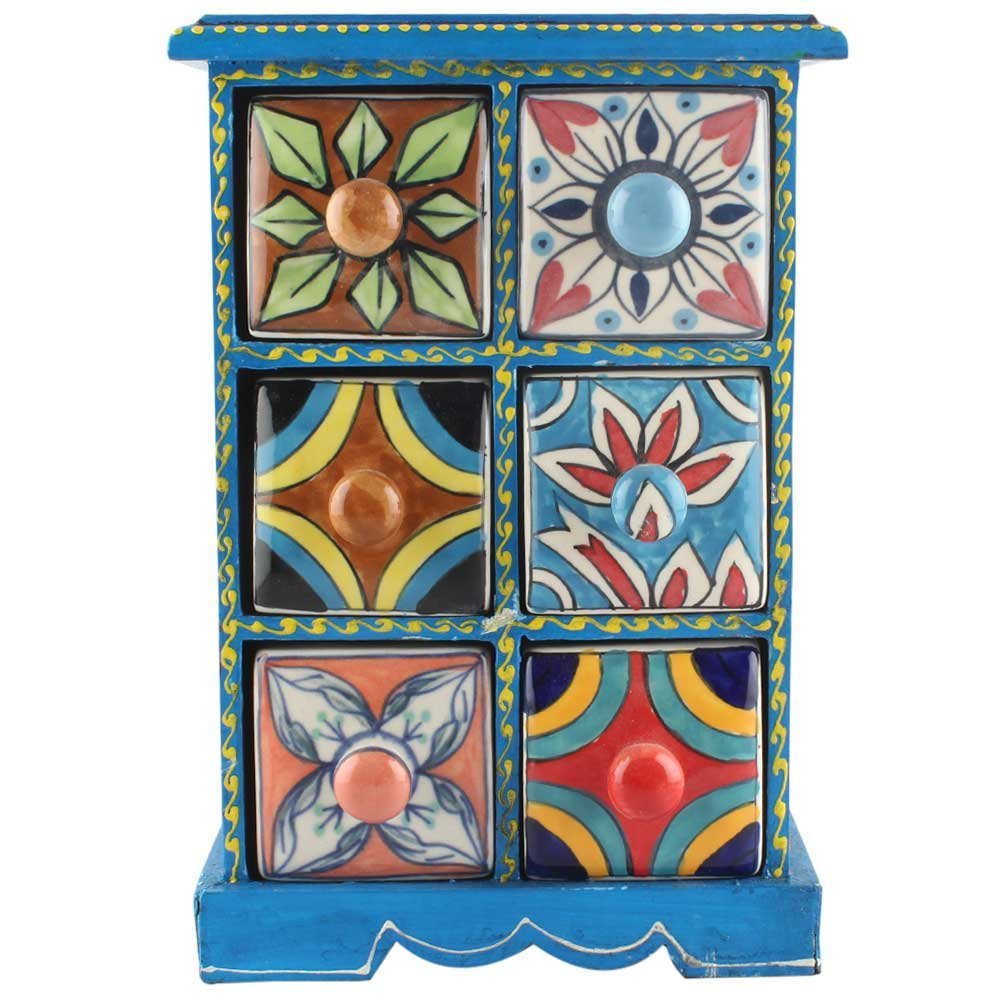Indian Shelf 1 Piece Vocalforlocal Handmade Multicolor Wooden 6 Drawer Floral Pattern Spice Box Seasoning Masala Organizer Rack Jewellery Container