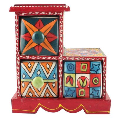 Indian Shelf 1 Piece Vocalforlocal Handmade Multicolor Wooden 3 Step Drawer Floral Pattern Spice Box Seasoning Masala Organizer Rack Jewellery Container