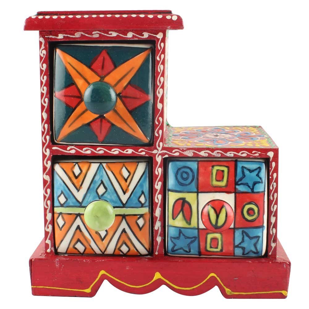 Indian Shelf 1 Piece Vocalforlocal Handmade Multicolor Wooden 3 Step Drawer Floral Pattern Spice Box Seasoning Masala Organizer Rack Jewellery Container