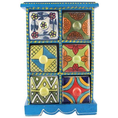Indian Shelf 1 Piece Vocalforlocal Handmade Multicolor Wooden 6 Drawer Floral Pattern Spice Box Seasoning Masala Organizer Rack Jewellery Container