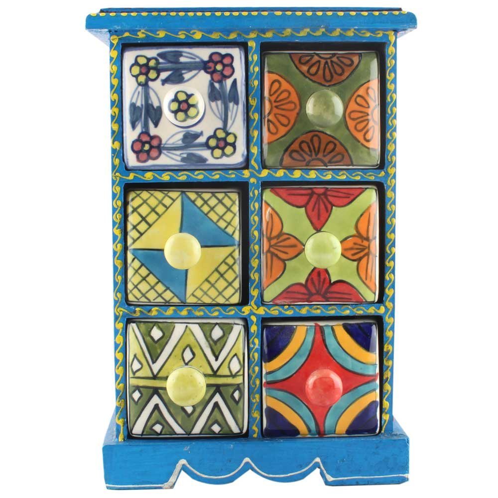 Indian Shelf 1 Piece Vocalforlocal Handmade Multicolor Wooden 6 Drawer Floral Pattern Spice Box Seasoning Masala Organizer Rack Jewellery Container