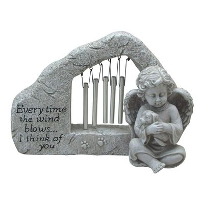 Comfy Hour Loving Memory Collection Resin Memorial Stone Windchime Dog and Angel Pet Statue (Every time The Wind Blows I Think of You), Faithful Memory of Dog's Bereavement