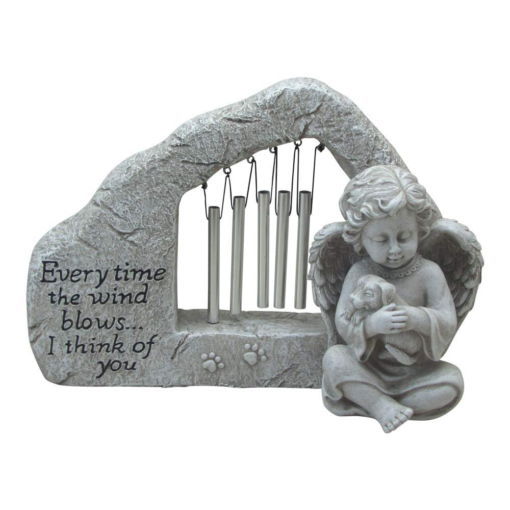 Comfy Hour Loving Memory Collection Resin Memorial Stone Windchime Dog and Angel Pet Statue (Every time The Wind Blows I Think of You), Faithful Memory of Dog's Bereavement