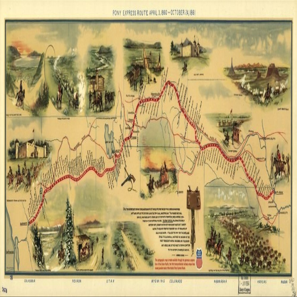 10" x 24" 1951 Map of Pony Express Route National Historic Trail