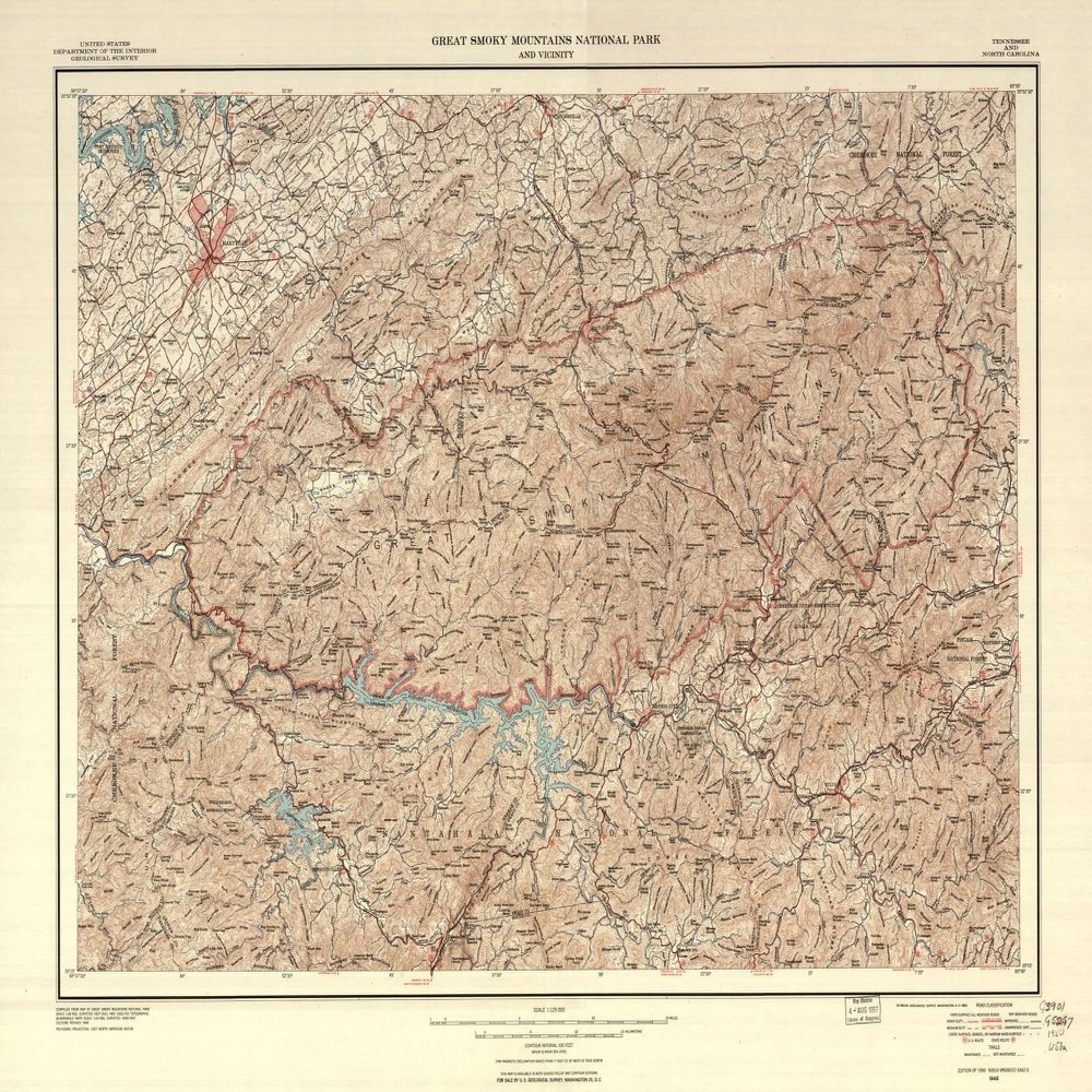 18" x 24" 1953 Map Of Great Smoky Mountains National Park and vicinity