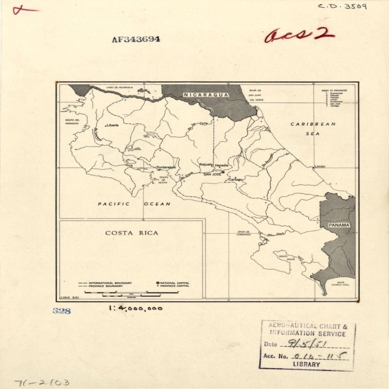 18" x 24" 1951 Map Of Costa Rica & Adjacent Countries