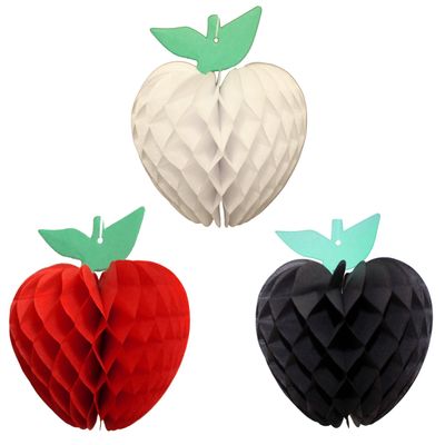 7 Inch Honeycomb Tissue Paper Apple Decoration, Set of 3 (Caribbean Themed Solid Red, White, Black)