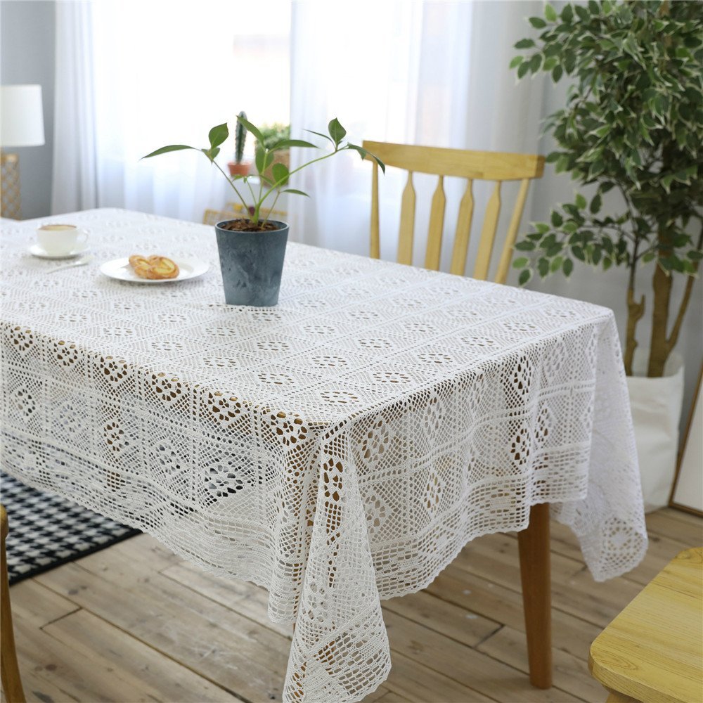 Azerlee Handmade Crochet Tablecloth Cotton Lace Table Cloth Rectangular Table Cover for Kitchen Dinning Wedding Party Decoration, White, 55 X 63 Inch