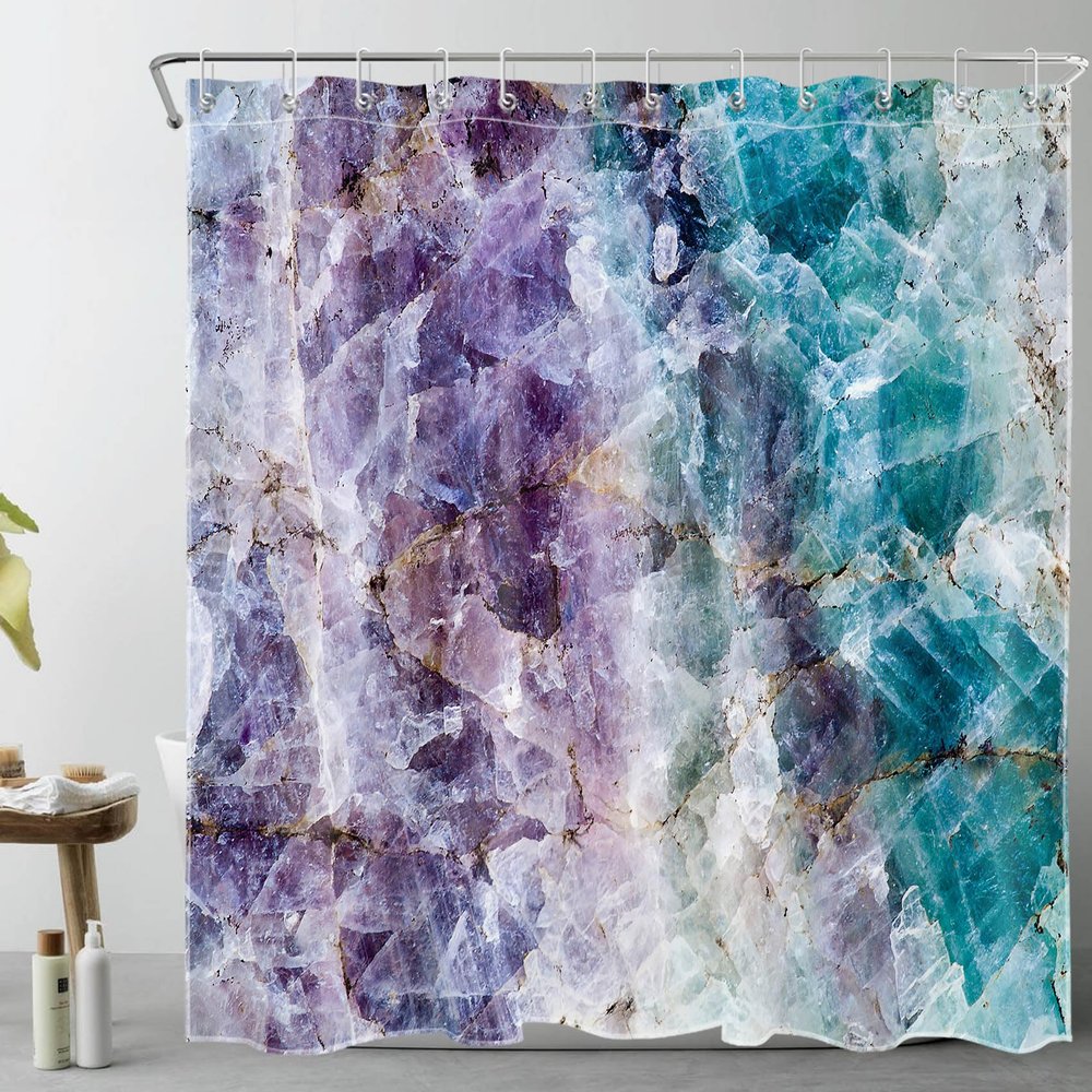 LB Marble Shower Curtain Purple and Teal Bathroom Shower Curtain Sets with Hooks Abstract Healing Crystals Geometric Decorative Waterproof Fabric Bath Curatin,72x72 Inch