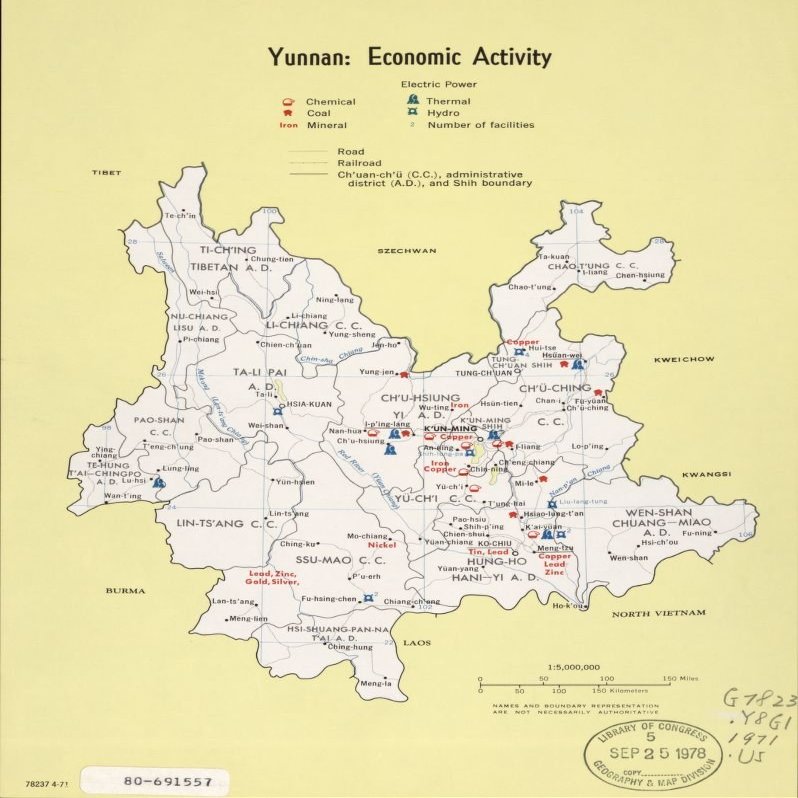18" x 24" 1971 Map Of Yunnan Economic Activity