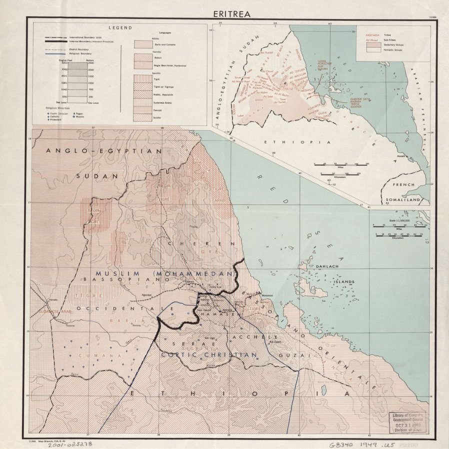 18" x 24" 1949 Map Of Eritrea Tribes Religious Minorities