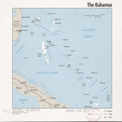18" x 24" 1976 Map Of The Bahamas Railroads Roads