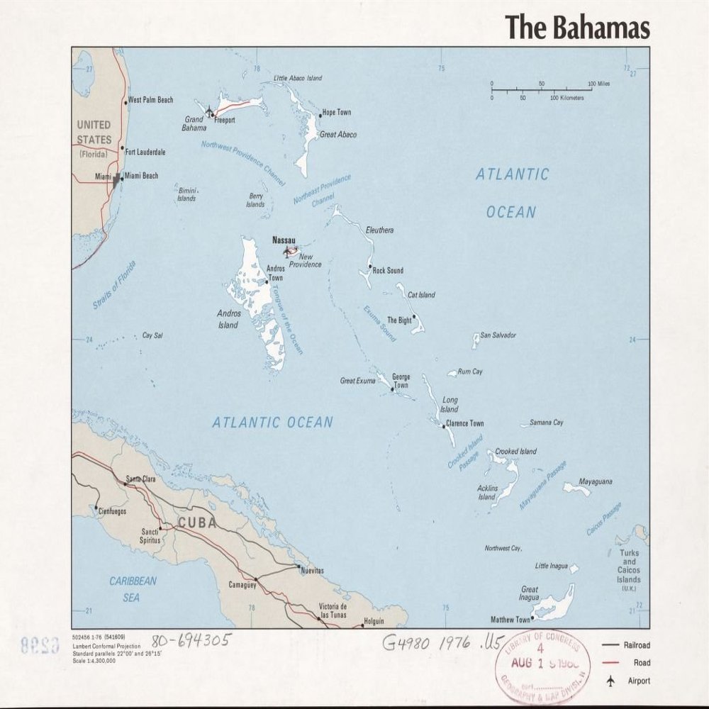 18" x 24" 1976 Map Of The Bahamas Railroads Roads