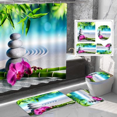 Amagical 4PCS Zen Garden Bamboo Shower Curtain Set Bathroom Mat Set,Orchid Flowers and Stones in Zen Garden Sunny Day Pattern Bath Mat+Contour Mat+Toilet Cover+Shower Curtain