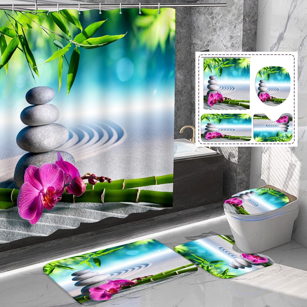 Amagical 4PCS Zen Garden Bamboo Shower Curtain Set Bathroom Mat Set,Orchid Flowers and Stones in Zen Garden Sunny Day Pattern Bath Mat+Contour Mat+Toilet Cover+Shower Curtain