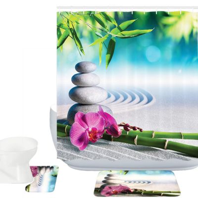 Amagical Zen Garden Theme 3 Piece Shower Curtain Set Bathroom Mat Set Orchid Flowers and Stones in Zen Garden Sunny Day Pattern Bath Mat + Contour Mat + Shower Curtain and 12 Hooks