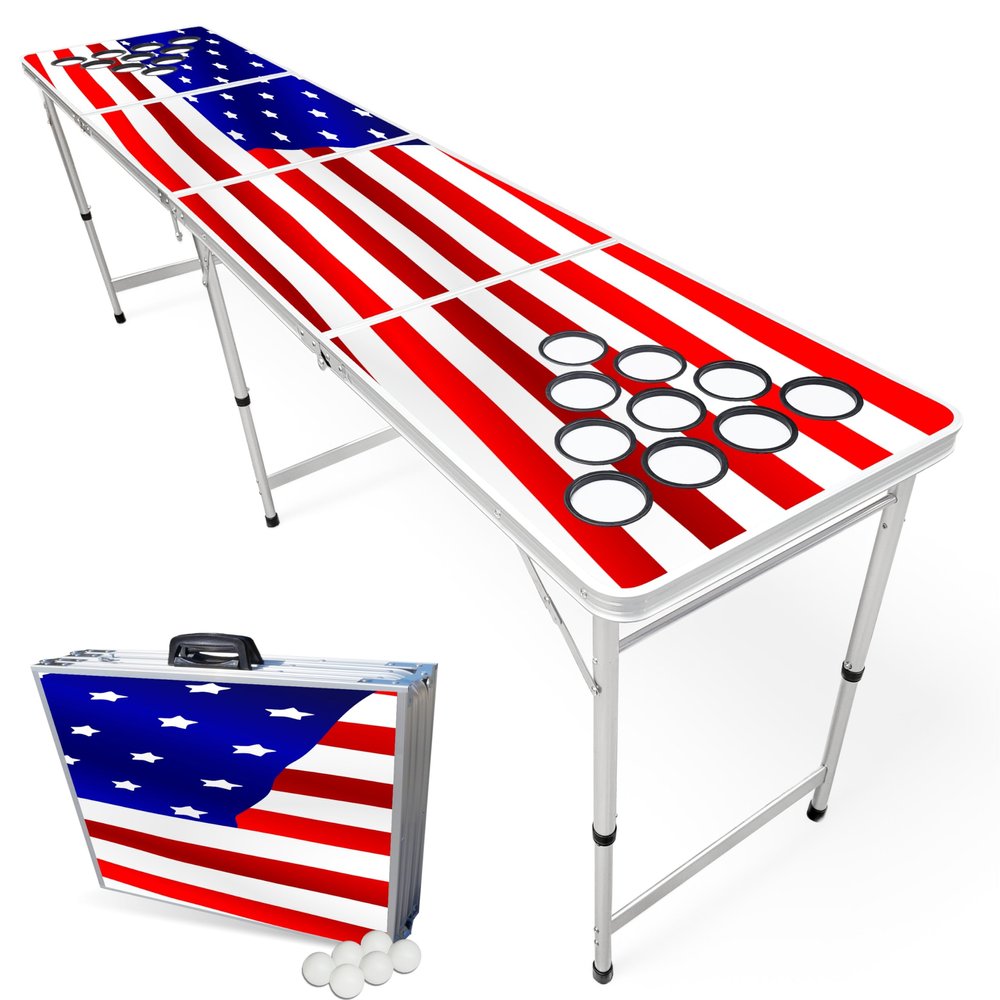 8-Foot Folding Party Table w/Cup Holes & (6) Pong Balls - USA