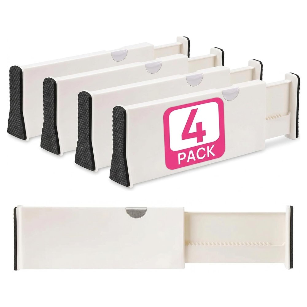 4 Adjustable Drawer Dividers, Organize Silverware and Utensils in Home Kitchen, Divider for Clothes in Bedroom Dresser, Designed to Not Snag Underwear and Bra Fabrics, Bathroom Storage Organizers