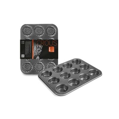 ibili 835012 Perforated Muffin Pan 12 Cups, Rolled Steel Plate, Black